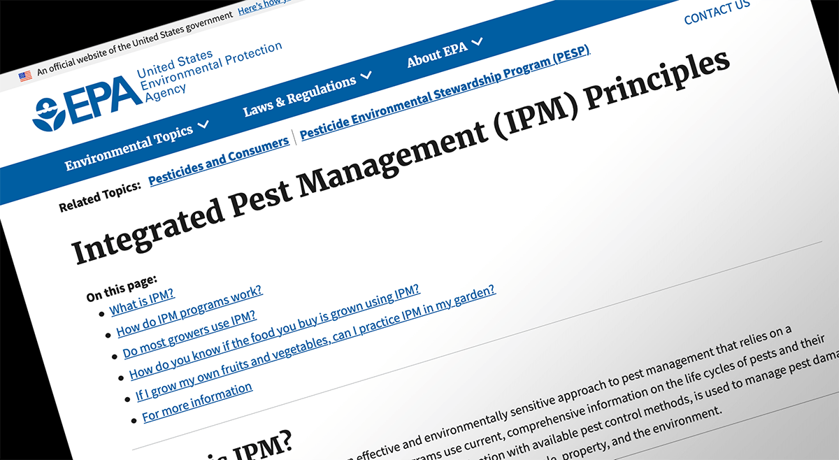 Image of EPA website home page with headline about Integrated Pest Management
